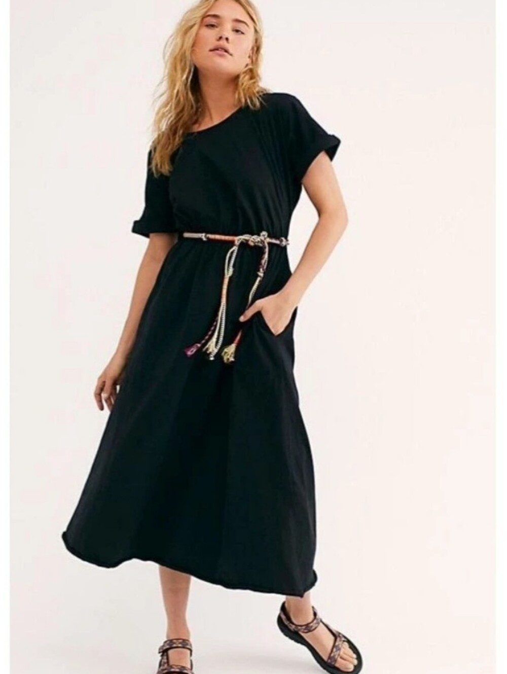 NWT FP Beach Sorrento Black Cotton Tie Back Midi Dress Short Sleeve XS - Picture 2 of 13
